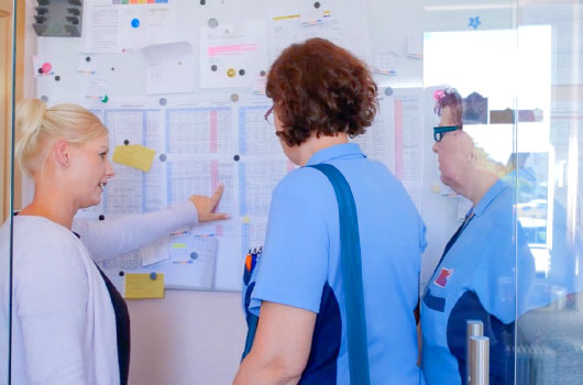 Auf dem Bild siehst du drei Pflegerinnen, die mit Blick auf eine Infotafel Termine absprechen und planen.