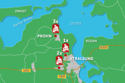 Die Übersichtskarte zeigt alle Pflegeteam Behrens Standorte in Prohn und Stralsund.